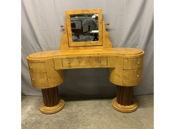 Burled Art Deco Style Double Columned Vanity With Mirror