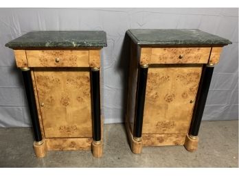 Pair Of Marble Top Empire Style Burled End Tables
