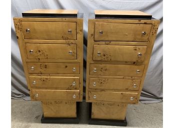 Pair Of Art Deco Style Burled 5 Drawer Chest On Pedestal