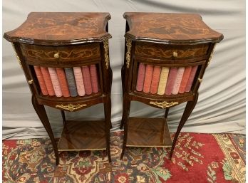 Pair Of Inlaid Stands With Decorated Book Fronts