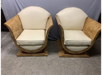 Pair Of Burled Arm Chairs With A Ivory Leather Cushion
