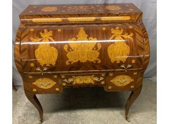 Inlaid Cylinder Roll Top Desk With Great Inlay And Pull Out Writing Area