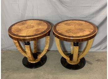 Pair Of Burled Round Side Tables With Black Ball Detail