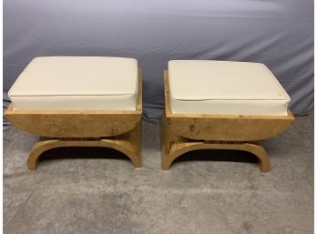 Pair Of Burled Foot Stools With An Ivory Leather Cushion