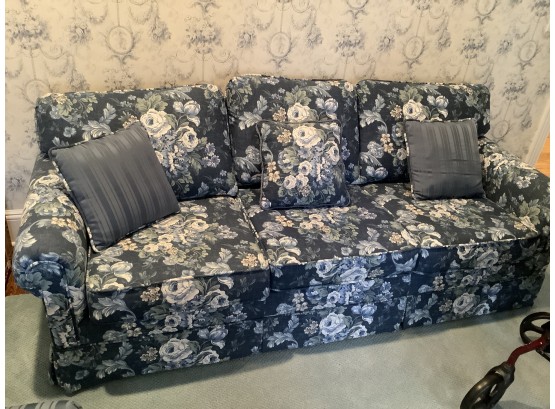 Blue Floral Sleeper Sofa With Accent Pillows