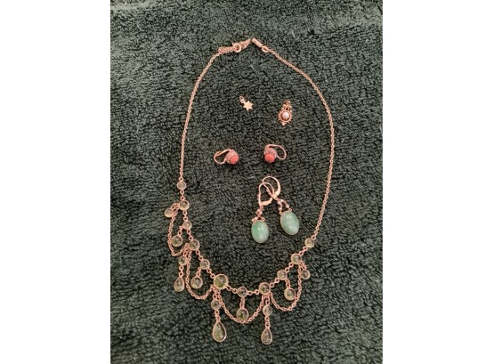 14kt  Peridot Necklace, Pair Of Jade Earrings, Coral Earrings, And Pendant
