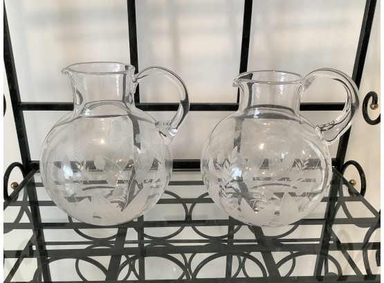 Pair Of Tiffany &co Glass Etched Pitcher