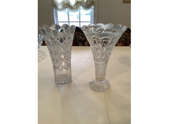 Two Tall Crystal Vases Both 14” Tall