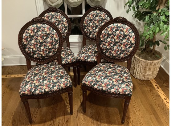 Set 4 Carved Side Chairs With Floral Upholstery