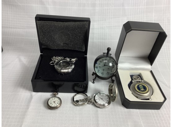 5 Pocket Watches Or Desk Clocks Including Small Antique Silver Cased
