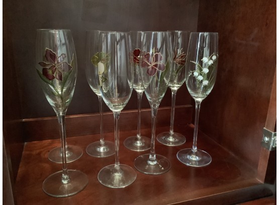 Set Of 8 Floral Decorated Signed Champagne Glasses