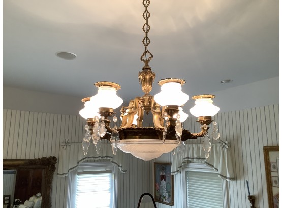 Antique Bronze And Cut Glass Hanging Chandelier