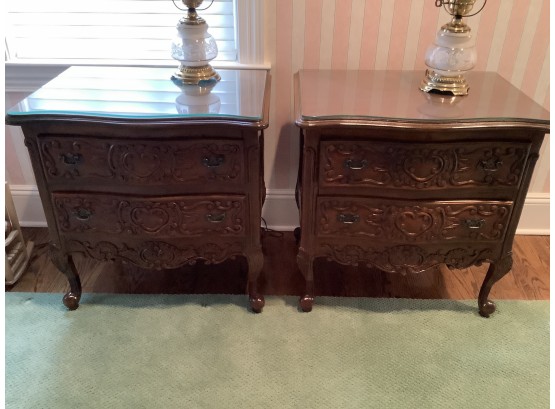 Carved Pair Of Mahogany Side Table With Glass Tops