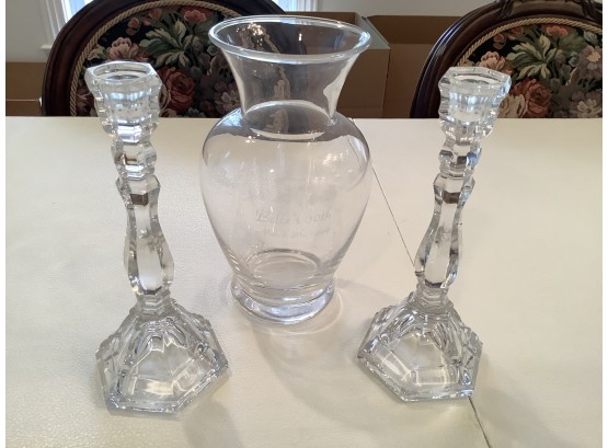 3 Pieces Of Tiffany And Co. Crystal Including A Pair Of Candle Sticks