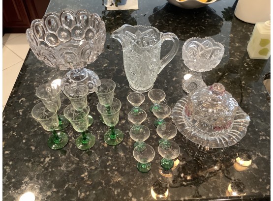 Grouping Of Crystal And Glass Including Stems With Green Bases