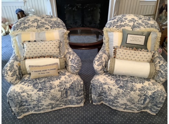 Pair Of Blue Decorated Custom Club Chairs With Throw Pillows