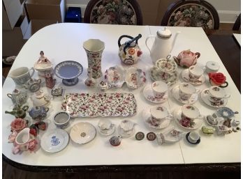 Assorted Fine China Including Teacups And Saucers, Teapots, And Miniatures