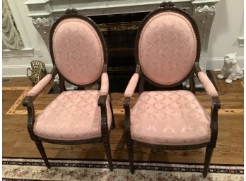Pair Of Pink Arm Chairs With Carved Back And Arms