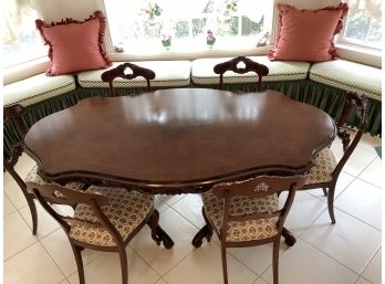 Carved Turtle Top Burled Inlaid Table With Six Carved Chairs