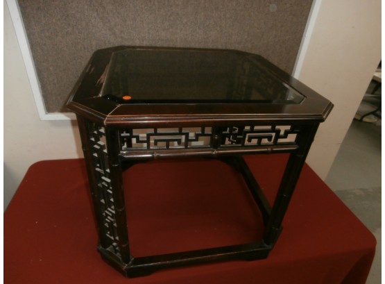 Glass Top End Table With Asian Motif