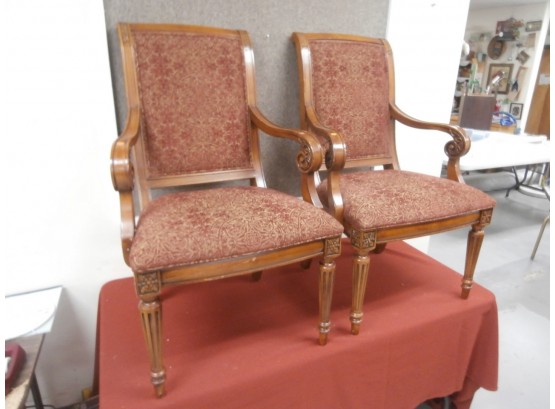 Pair Of Ethan Allen Townhouse Wooden Adesion Dining Arm Chair, Upholstered