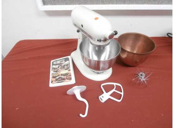 Kitchen Aid Mixer, Off White With A Bowl, 3 Attachments And Manual, Untested