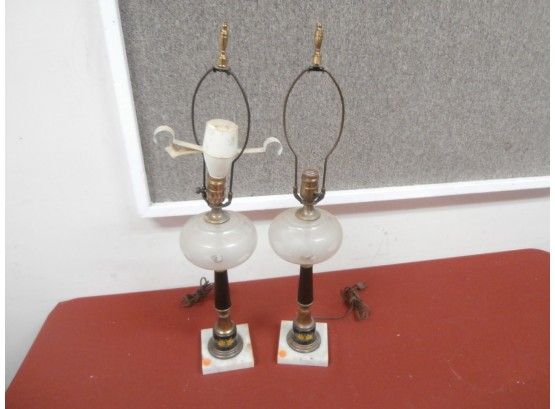 Pair Of Marble Base Lamps With Floral Designs, No Shades, Untested