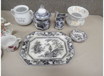 An Assortment Of Transferware And Copper Luster Including A Platter, Pitcher And A Floral Spittoon, Etc.