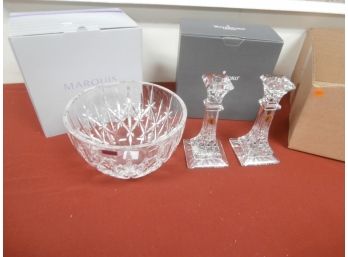 Marquis By Waterford Crystal Bowl And A Pair Of Waterford Crystal Lismore Candlesticks