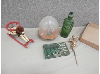 Assorted Christmas Lot- Ohio Art Revolving Nativity, Dept. 56 Lamp Post Lot And A Figural Bottle