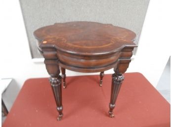 Ethan Allen Mahogany Marquetry End Table, Reeded Tapered Legs And Brass Capped Casters