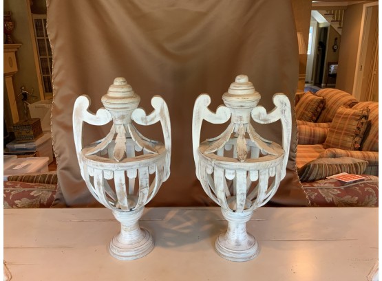 Pair Of Decorative Distressed Wood Urns