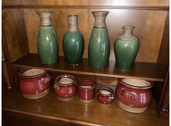 4 Green Glazed Pottery Vases And 5 Stoneware Crocks