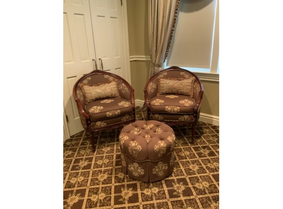 Pair Of Club/Barrels Chairs Custom Upholstered With Ottoman,  Pindler Cafe Pattern