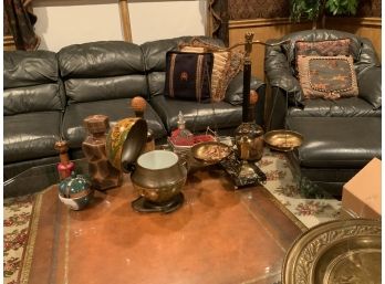 8 Piece Decorative Lot With A Brass Scale With Marble Base Assorted Liquor Decanters And Decorative Items