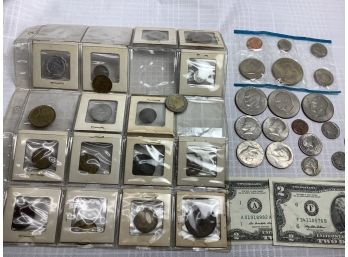 Assorted Grouping Of Foreign And American Coins Including $2 Bills  $11+ In Face Value