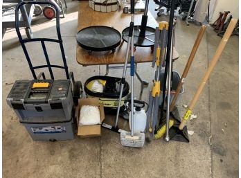 Miscellaneous Tool Lot Including A Rolling Tool Box, Blue HandTruck, 2 Tampers Car Brushes