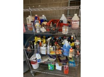 Contents Of Rolling Rack Including Household Chemicals, Spray Paints, Cleaners And Automotive Chemicals