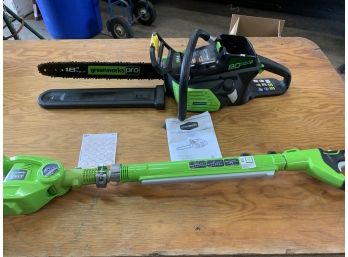 2 Green Works Tools, 80V Chain Saw And 40V Trimer, No Batteries