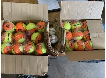 Assorted Soft Ball And Baseballs With A Glove