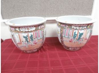 A Pair Of Asian Scenic Reproduction Jardinières/planters