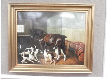 Horse With Dogs In A Stable, Signed Illegibly, Dated '86
