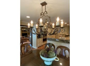 Chandelier 8 Arm With Rooster By Dana Creath In Antique Brass, Antique Wax Candles And Optional Burlap Shades