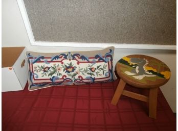 Needlepoint Pillow And Child's Wooden Footstool With T-Rex Dinosaur Motif