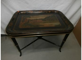 Tole Decorated Scenic Removable Tray On Stand