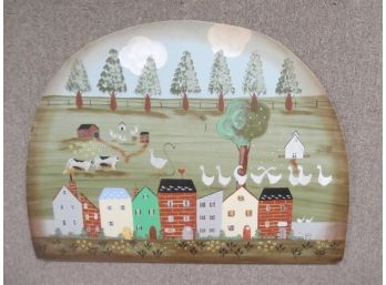 Whimsical Folk Art Farm Painting On Wooden Panel Signed T. Lipman C1987