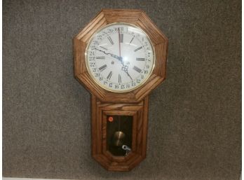 Oak Case Calendar Wall Clock Signed Back Reads Stroup Hobby Shop, With Key And Pendulum