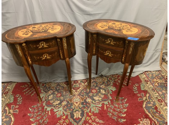Pair Of Burled Inlaid Side Tables With Many Varieties Of Wood