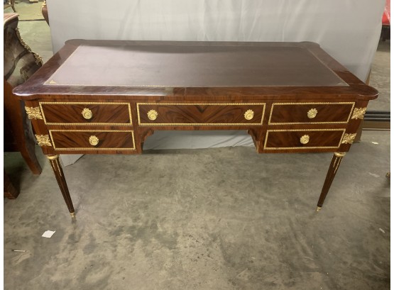 Large Flat Top French Style Desk With Gold Ormolu And Leather Top