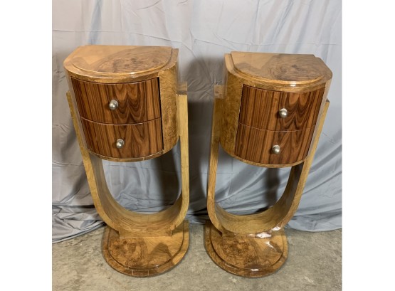 Pair Of Art Deco Style Burled Side Tables With U Shaped Base